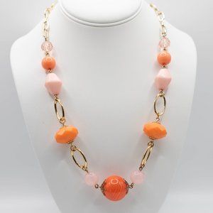 Orange and  Peach Beaded Necklace- Gold Tone